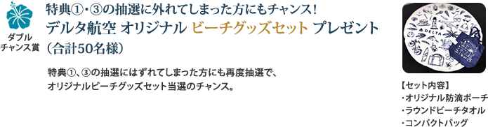 ダブルチャンス賞 特典①・③の抽選に外れてしまった方にも! デルタ航空 オリジナル ビーチグッズセット プレゼント(合計50名様) 特典②・③の抽選に外れてしまった方にも再度当選のチャンス。