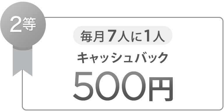 2等 毎月7人に1人 500円キャッシュバック
