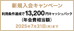 新規入会キャンペーン 利用条件達成で13,200円キャッシュバック（年会費相当額）2025年7月31日(木)まで