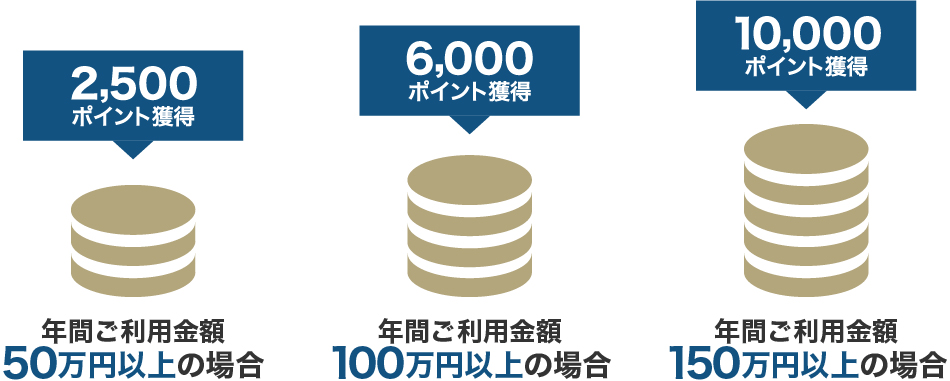 年間ご利用金額 50万円以上の場合 2,500ポイント獲得 年間ご利用金額 100万円以上の場合 6,000ポイント獲得 年間ご利用金額 150万円以上の場合 10,000ポイント獲得